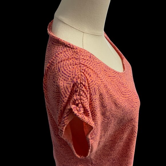 Orange/Purple Abstract Print Tee w/ Ruched Shoulder Details - Picture 2 of 3